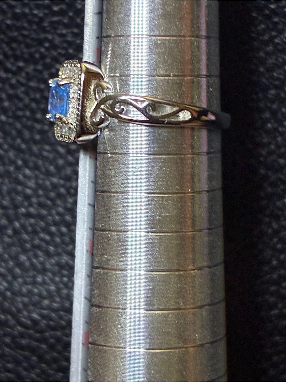 Sterling Silver Cryo Crush Blue Square Halo Ring with Filigree Shoulders